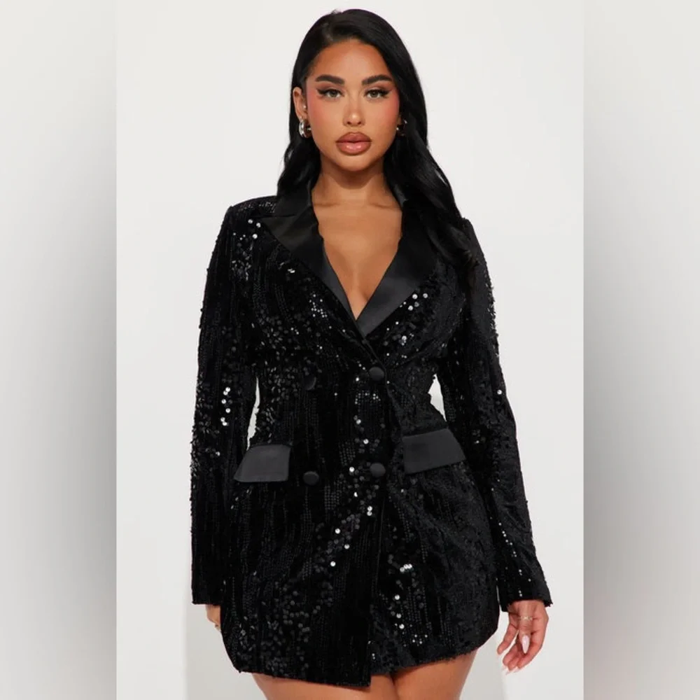 Fashion Nova Amelia Sequin Blazer Dress - Black, Size: 1X